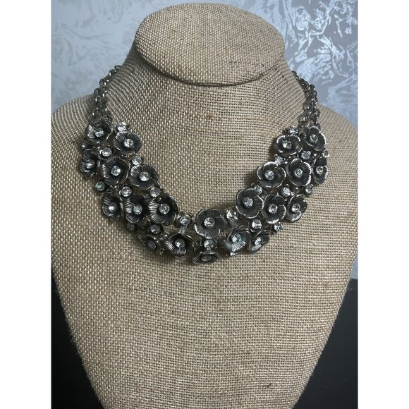 Floral Statement Necklace With Rhinestones & Silver-Tone Chain - Picture 1 of 5